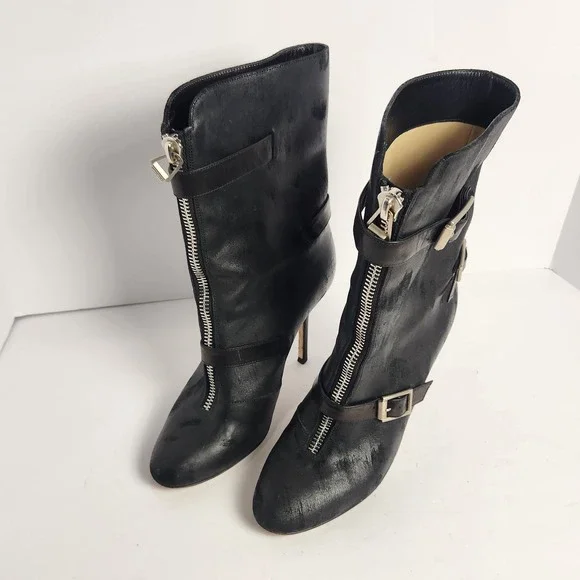 Jimmy Choo Women's Distressed Front Zip Black Leather Boots Size 37.5 (6.5-7) - Picture 1 of 14